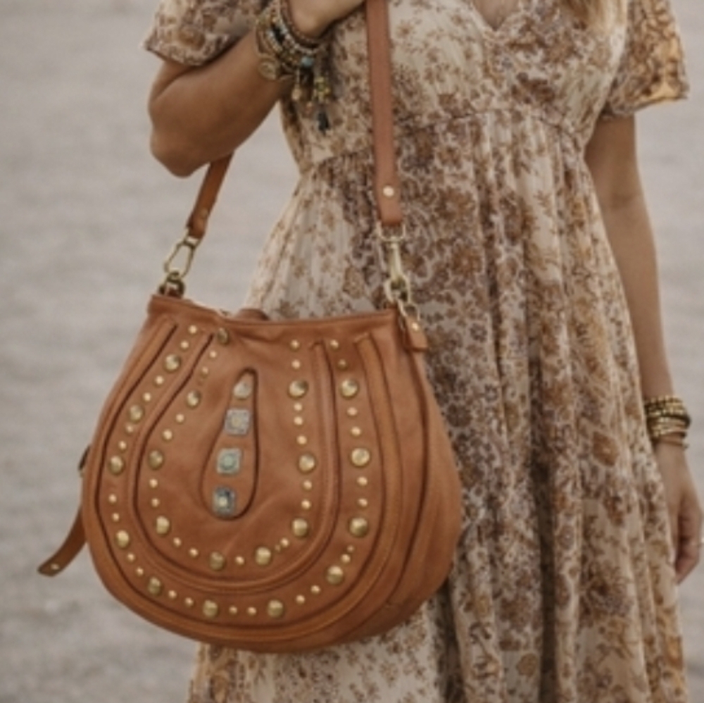 Bohemian Studded Detail Leather Horseshoe Shoulder Crossbody Bag